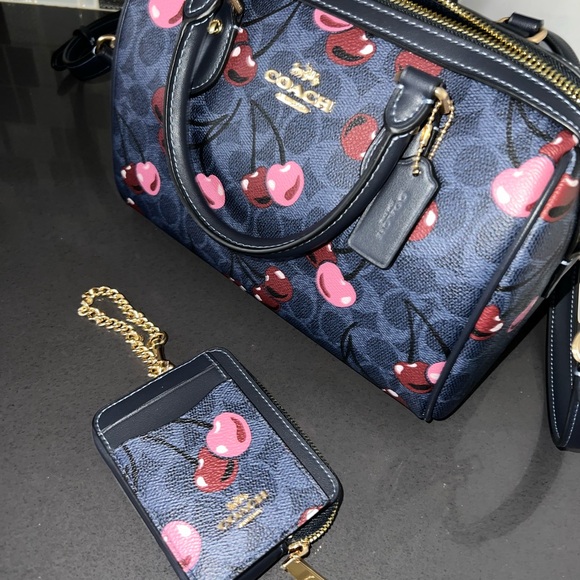 Coach Dark Blue Cherry Print Satchel - Picture 1 of 8